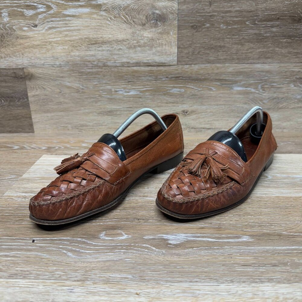 Cole Haan Brown Leather Tassel Woven Top Loafers Men's 10.5M